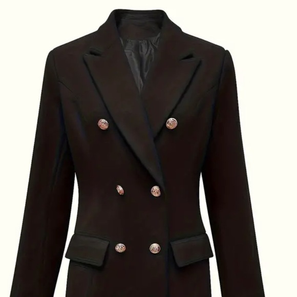 NWT Double-breasted Lapel Coat, Elegant Solid Long Sleeve Knee Length Coat - Picture 3 of 8